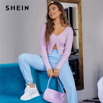 Женский кардиган SHEIN, кардиган на пуговицах с жемчугом и v-образным вырезом, однотонное пальто с длинным рукавом, повседневная верхняя одежд...