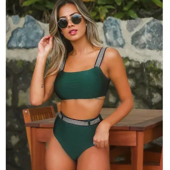 

2019 High Waisted Swimsuit Women Bandeau Bikini Set Solid Swimwear Girls Beach Wear Swimming Bathing Suit Female Sexy Biquinis