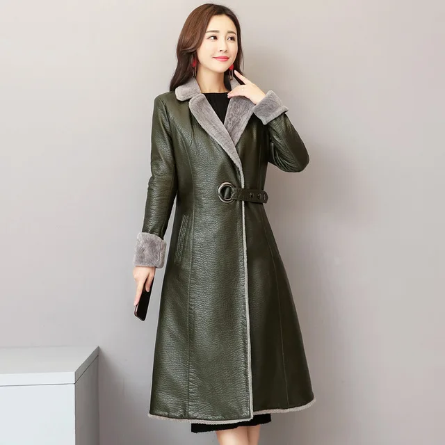 Army Green Плотное длинное пальто с натуральным мехом, Женская парка, зимняя теплая куртка с воротником из искусственного лисьего меха, приталенная куртка из искусственной кожи ягненка, верхняя одежда, большие размеры 3XL 4XL - Цвет: Army Green