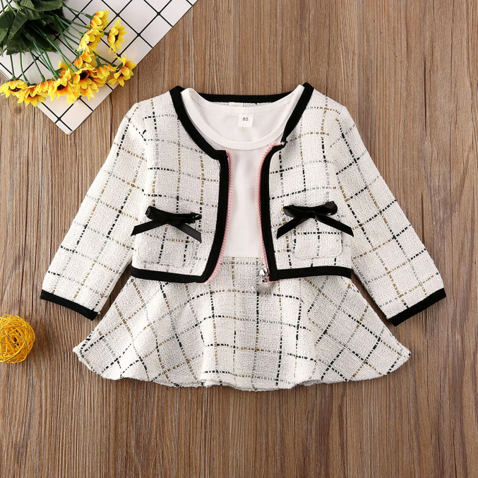 

1PC jacket + 1PC skirt Toddler Baby Girls Plaid Bowknot Zipper Tops Coat+Patchwork Dress Set Outfits baby girl dress princess M5