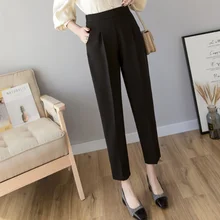 Удобные женские штаны-шаровары, элегантные черные брюки-сигареты с разрезом, большие размеры, офисный костюм, брюки DA2