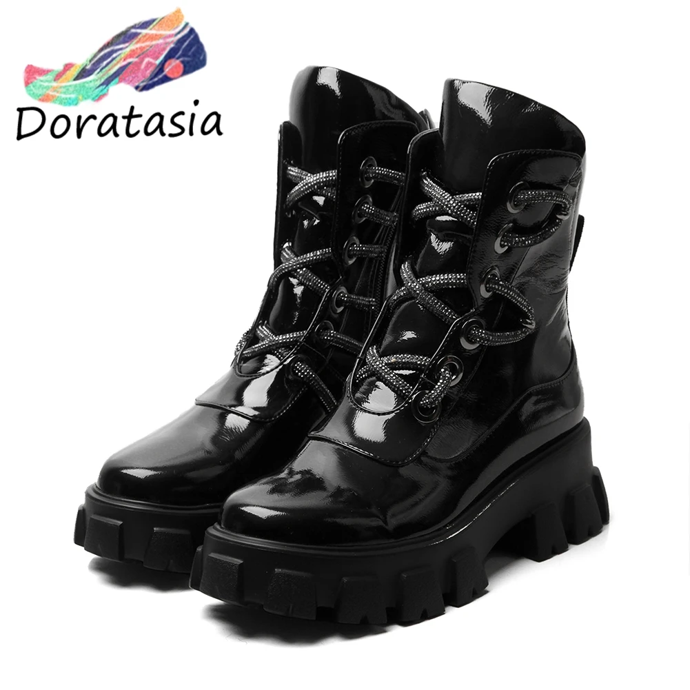 

DORATASIA New Arrival Brand Designer Platform Booties Ladies Patent PU Ankle Boots Women Waterproof Wedges Shoes Woman