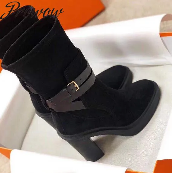 

Prowow New Suede Leather Slip On Ankle Boots Round Toe Thick Heel HIgh Heeel WInter Fashion Boots Shoes Women