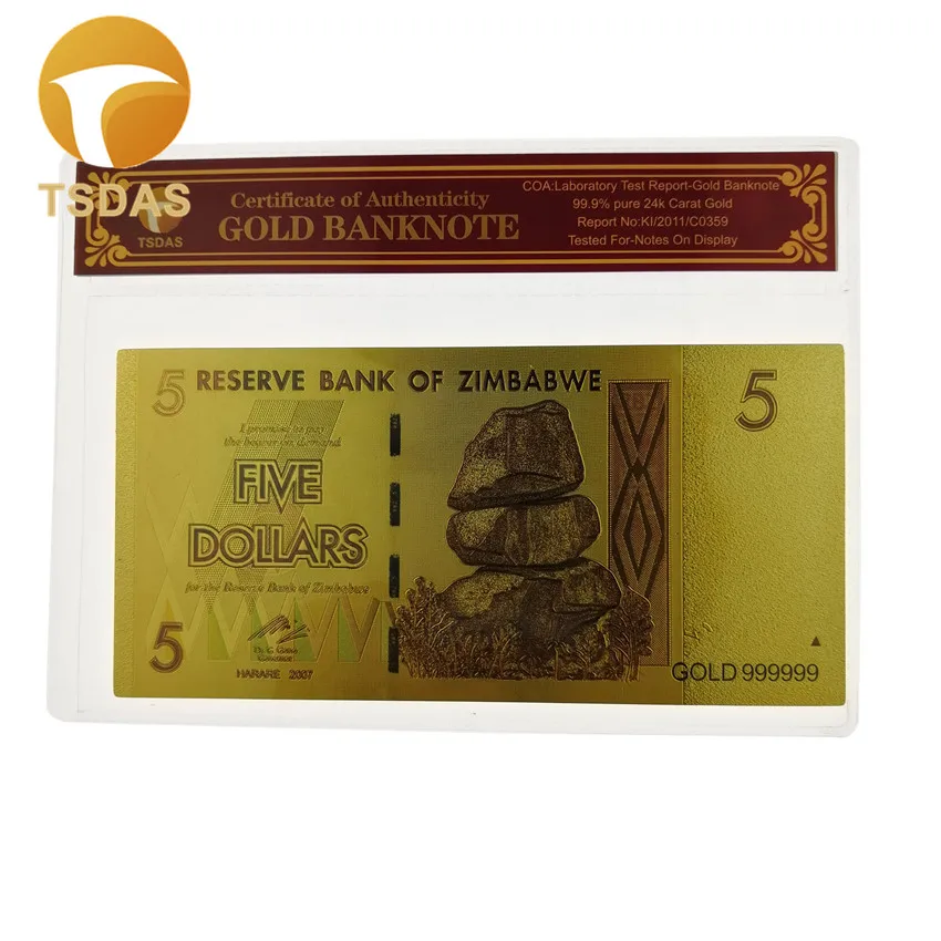 Luxury Zimbabwe Gold Banknotes New Year Gifts Colored Foil Bill with COA Frame for Collection|Золотые банкноты| |