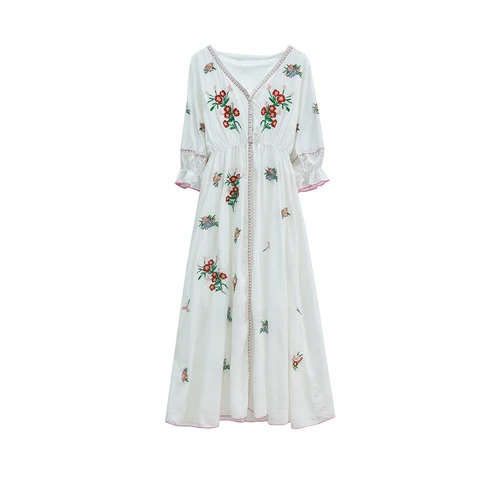 Богемное шикарное женское ретро платье с цветочной вышивкой и кисточками, Пляжное богемное Макси платье для девушек с v-образным вырезом, хлопковое летнее платье happie vestidos - Цвет: white