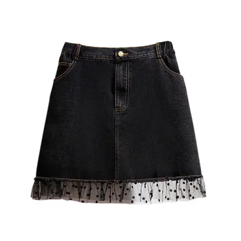 

New Plus Size Short Denim Skirts Spring Summer Wear Casual Black 6XL Flastic Waist Slimming A- Line Skirt with Meshes for Lady