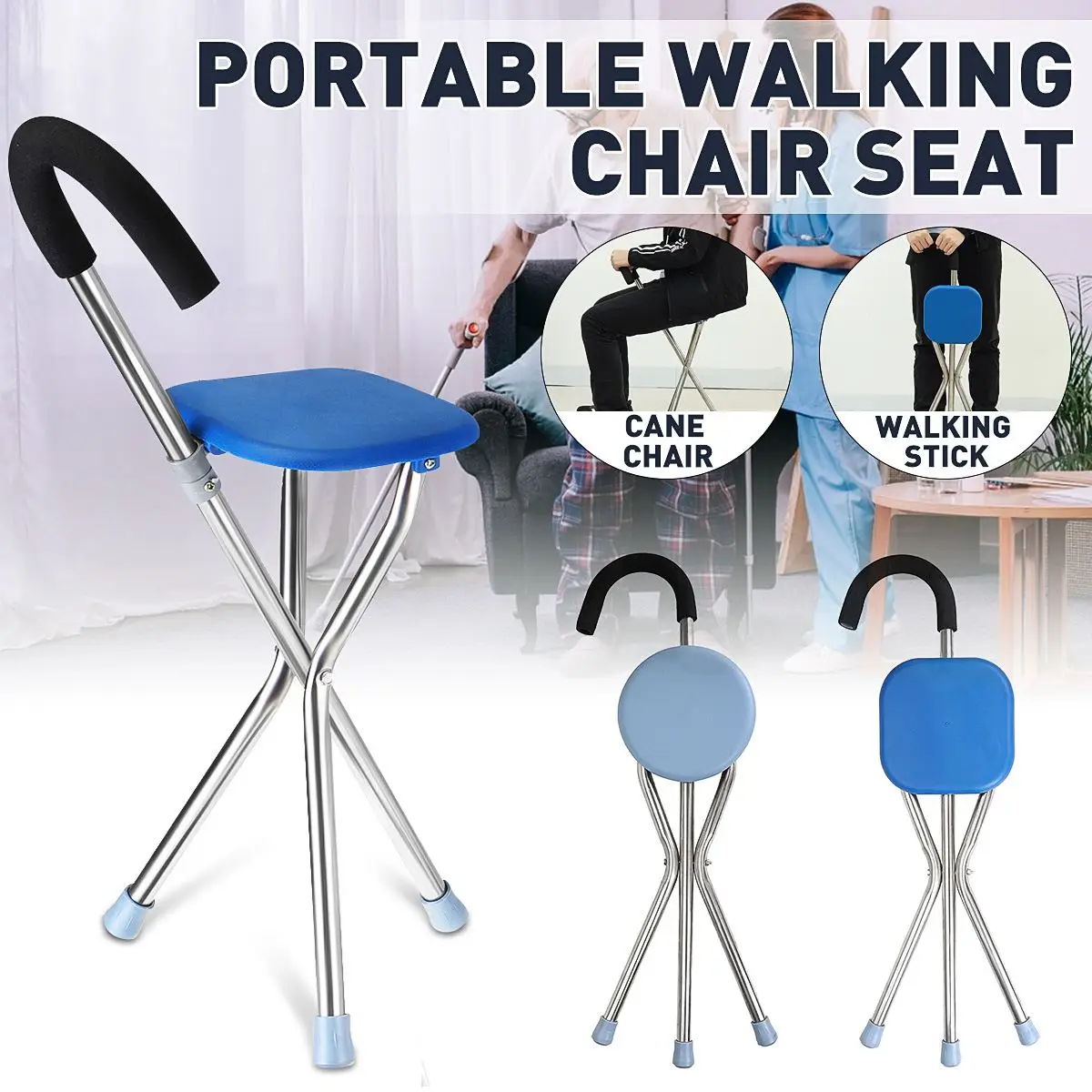 Folding Walking Cane Rest Stainless Steel Walking Stick Chair Seat Non Slip Tripod Cane For Elder Outdoor Hiking Climbing Crutch Crutch Aliexpress