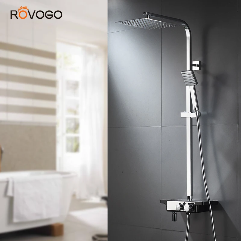 

ROVOGO Bathroom Shower Faucet Sets Complete with 10 inch Shower Head, Rain Shower System with Shelf Chrome/Black