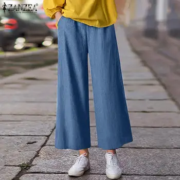 

ZANZEA Wide Leg Pants Women's Spring Autumn Tousers Casual Elastic Waist Pantalon Female Solid Cropped Pants Oversize Streetwear