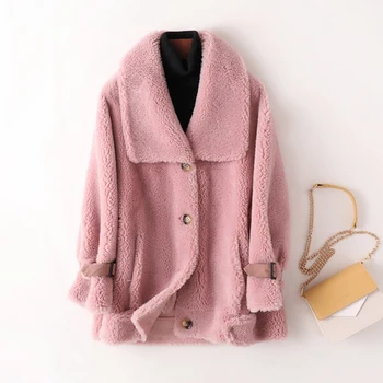 

High quality women coat winter casacos femininos inverno 2019 real price sheep fur jacket oversized collar clothing female