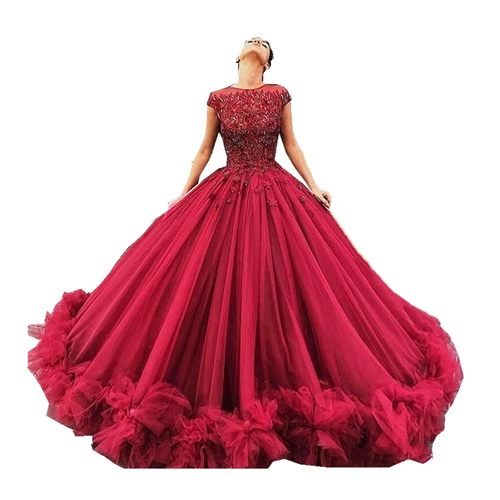 Elegant Prom Dress Long 2022 Ball Gown Cap Sleeves Tulle Burgundy Formal Party Evening Gown Robe