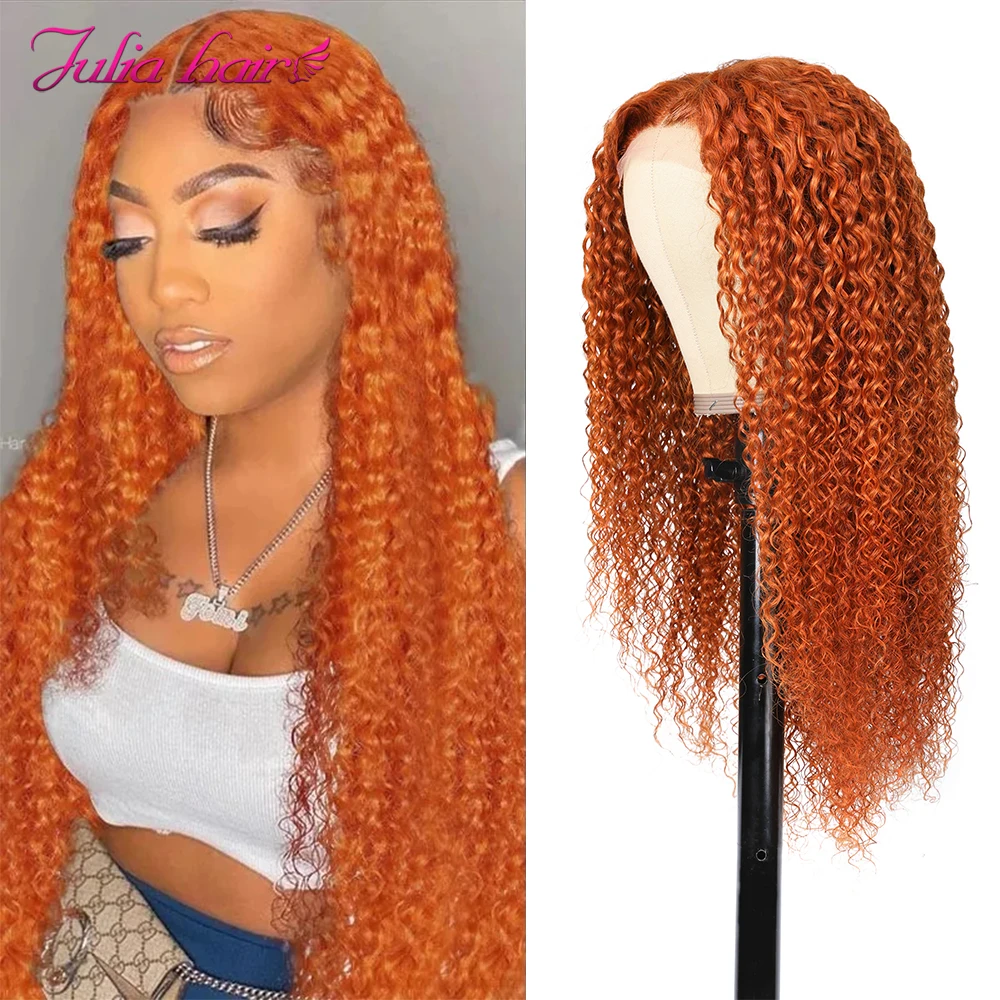 Julia Ginger Orange Color Human Hair Wigs PrePlucked Malaysian Curly Wig 150% Density T Part Highlight Lace | Шиньоны и парики