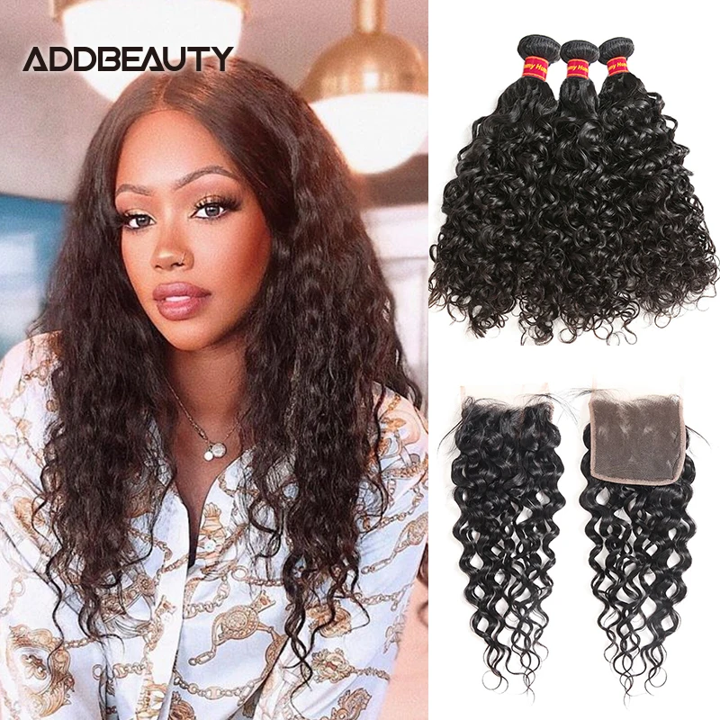 

4x4 Swiss Lace Closure with Water Wave Brazilian Virgin Human Hair Bundle Bleached Raw One Donor Hair Natural Color Middle Part