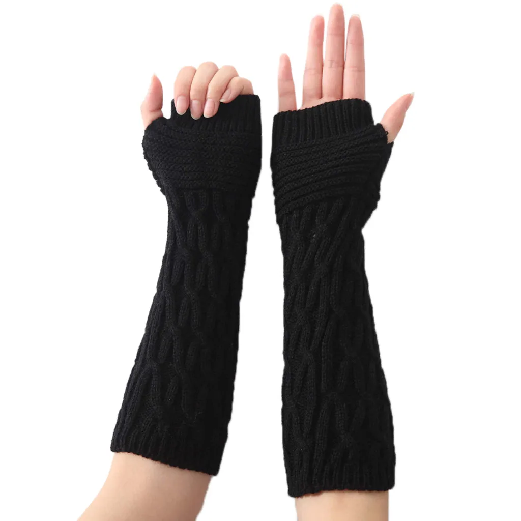 Black Модный зимний Vrouwen теплый Gebreide Arm Vingerloze Handschoenen Lange эластичный Wanten W1209 - Цвет: Black