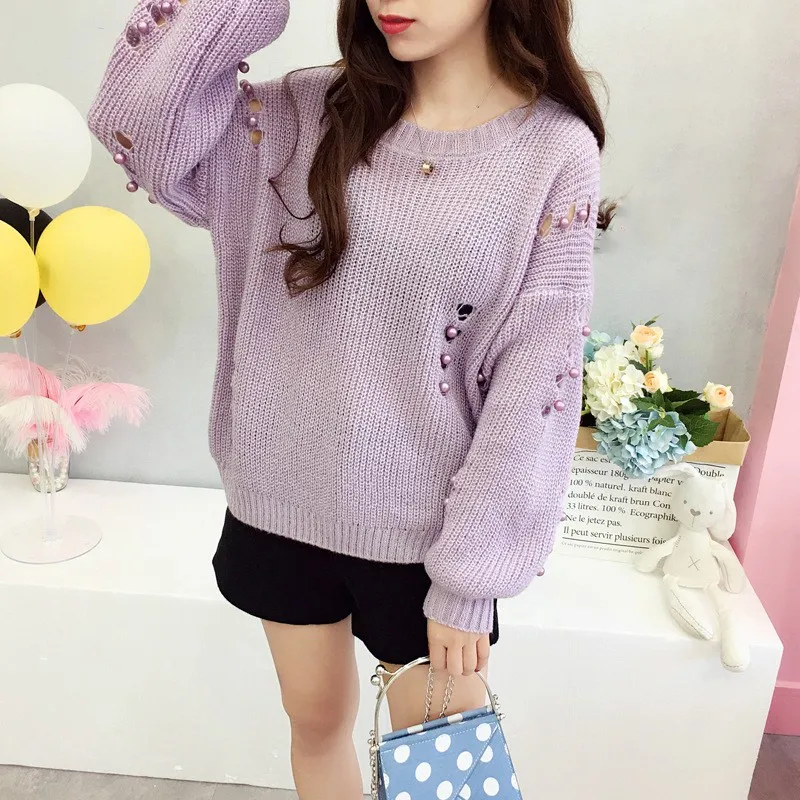 

Autumn New Hollow Out Beading Women Sweater Fashion Hole Loose Round Neck Soft Comfortable Long-sleeved Knit Pullover Sweater