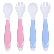 Портативный светильник-безопасные силиконовые ложки и вилки для детей от 0 до 3 лет, Детская дополнительная посуда, изогнутая ложка, вилка