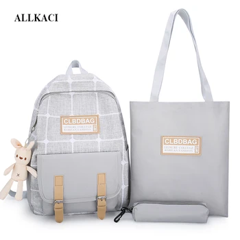 

4pcs/set Canvas Women Backpacks Schoolbag Printing Cute Plaid School Bag Backpack For Teenager Girls Rucksack Moclila Sac 4849