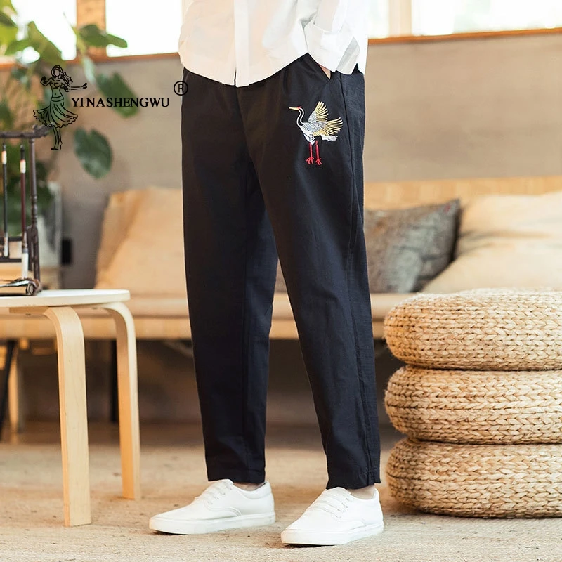 Японские штаны кран вышивка принт мужские брюки повседневные свободные длинные брюки японский стиль брюки-кимоно брюки Азиатский костюм
