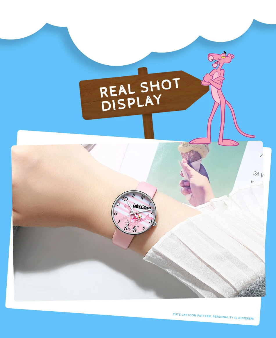 KDM мультфильм часы девушка розовый леопард студентов часы кожаный ремешок кварцевые часы дети подарок на день рождения модные детские часы