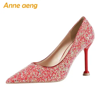 

2020 Spring New Women Pumps 9.5cm High Thin Heel Pointed Toe Bling Wedding Bridal Women Shoes Red Sexy Office Ladies High Heels