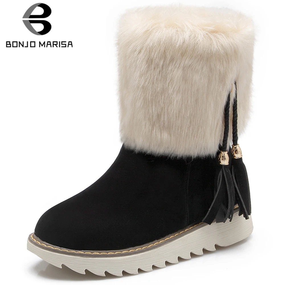 

BONJOMARISA New 34-43 Elegant Fringe Platform Booties Ladies Winter non-slip Warm Fur Snow Boots Women 2019 Wedges Shoes Woman