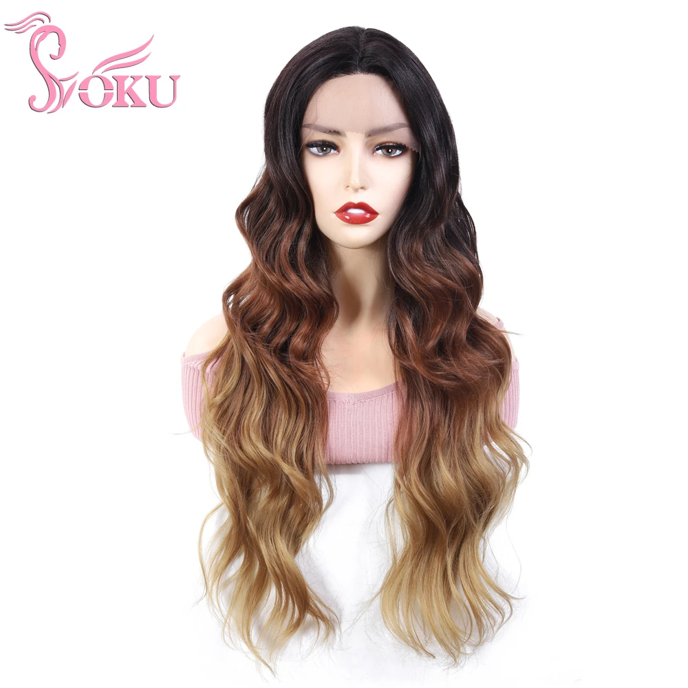

SOKU Ombre Brown Color Synthetic Lace Front Wig 23 Inch Long Wavy Hair Middle Part Lace Wig For Women Glueless Trendy Hairstyle