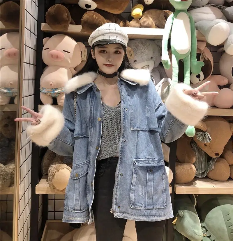 

Photo Shoot Hong Kong Flavor Cowboy Cotton-padded Clothes Winter Large Fur Collar mao xiu Students Versatile Cute Waist Hugging