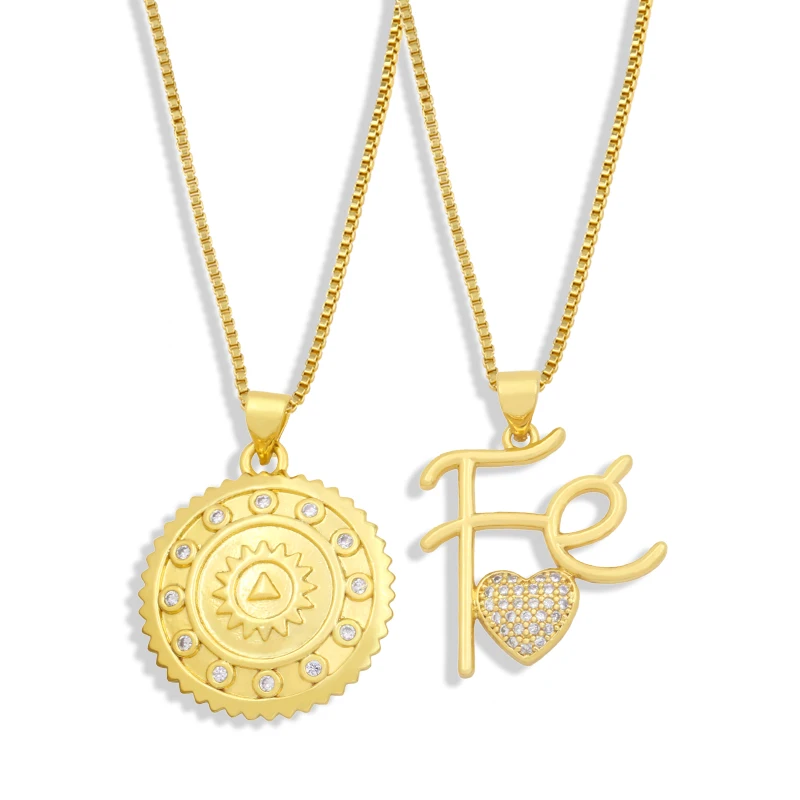 FLOLA Copper Gold Plated Faith FE Necklaces for Women CZ Crystal Round