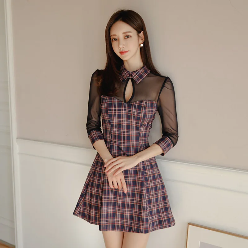

2020 Spring Clothing New Products Korean-style Elegant Fold-down Collar Transparent Gauze Joint Plaid Slim Fit A- line Dress Wom