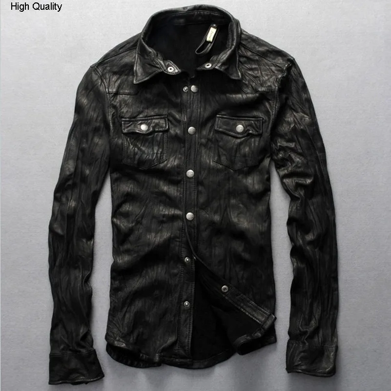

men's slim fit genuine leather shirt soft sheepskin shirts men black fold thin leather jacket men tight style M-XXXL