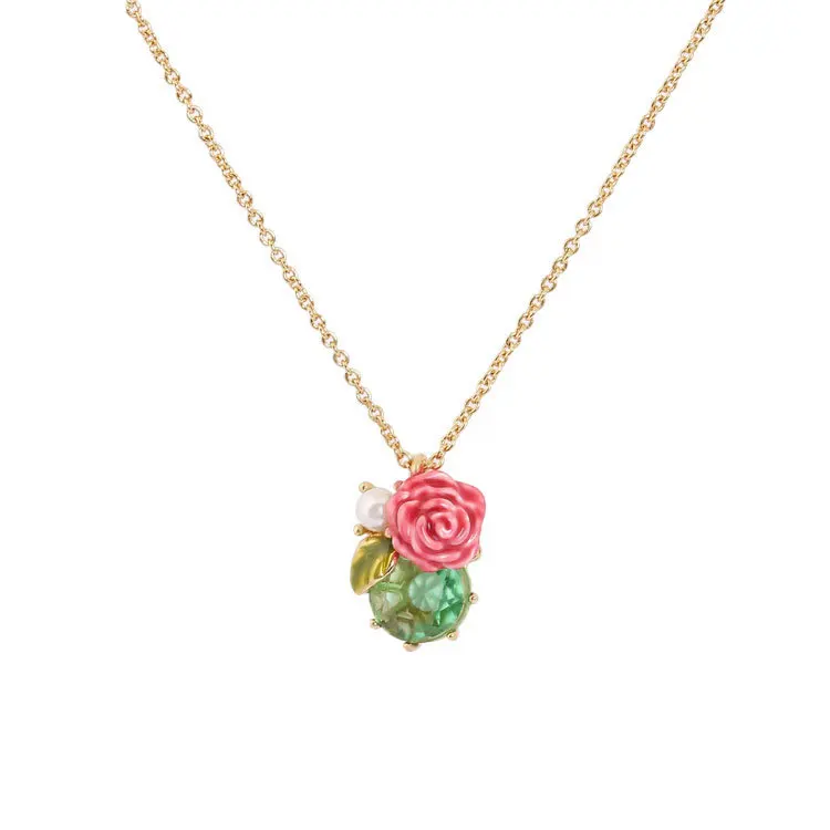 

Supply of Goods Flower with Pearl Emerald Clavicle Necklace Copper Plated K Gold Color Drip Glaze Accessories