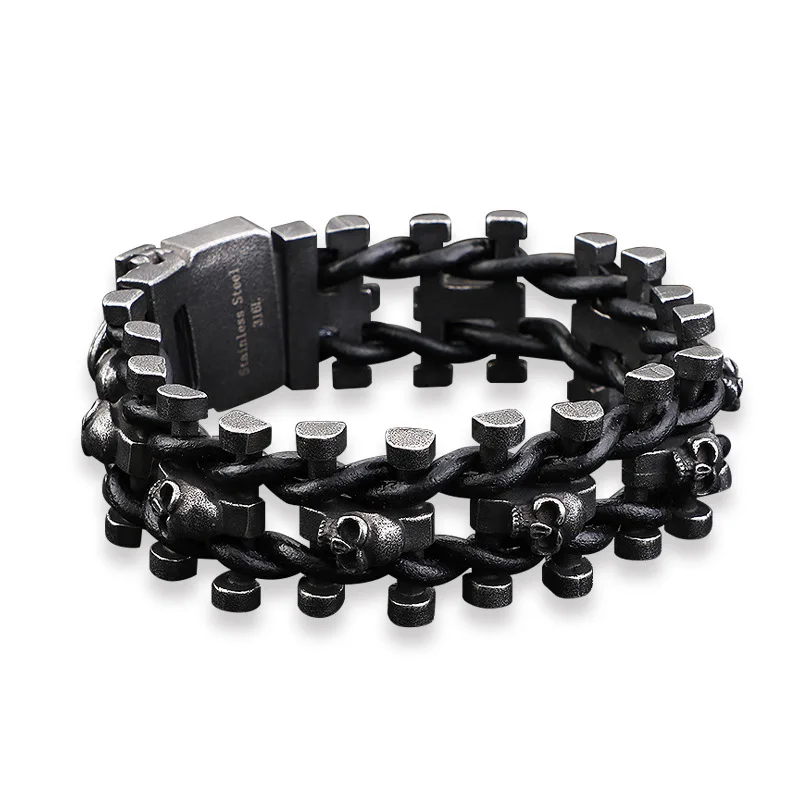 Черный мужской браслет из нержавеющей стали и кожи с черепом, мужские ювелирные изделия 25 мм, тяжелый винтажный панк-рок мужской браслет с черепами 18 см-22 см