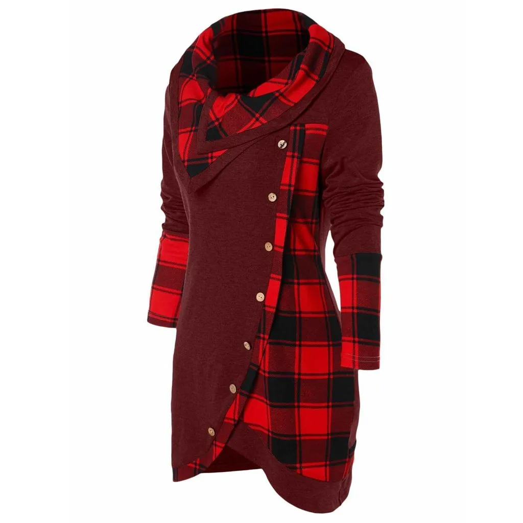 Женская блузка с длинным рукавом, клетчатая водолазка, тартан, туника размера плюс, рубашка, Повседневный Женский пуловер, зимний джемпер оверсайз, блузка#38 - Цвет: Wine
