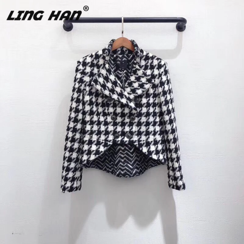 

LINGHAN Fashion Black white Plaid Tweed coat Women Long sleeve Slim wool Outwear Designer Autumn Winter New