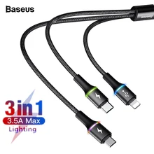 Baseus 3 в 1 USB кабель для iPhone 11 Pro XS Max светодиодный кабель Micro usb type C для samsung huawei Xiaomi зарядный кабель