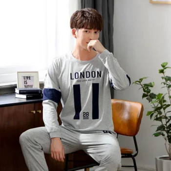 

XIZOU Autumn Winter Knitted Cotton Men's Pyjamas Number Pajamas Set Casual Male Sleepwear Pyjamas Night Pijamas 3XL Homewear