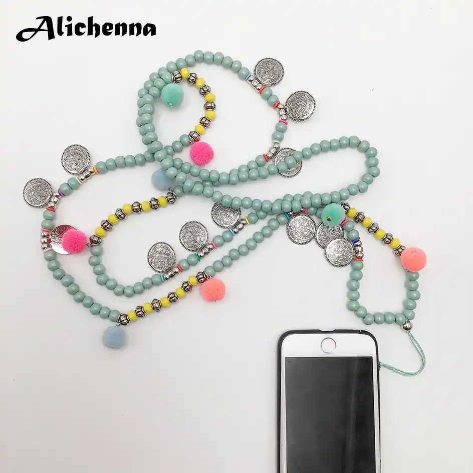 Coloful Wood Beads Cell Phone Chain Necklace Handmade Strap Lanyard U Disk Work Card Mobile Cell
