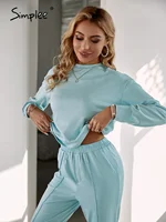 Simplee Casual split pleated women autumn pant set blue Elastic high wasit o-neck yoga tracksuit Fashion female suit set 2021