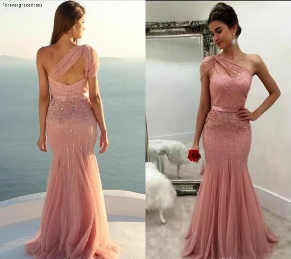 One Shoulder Blush Pink Mermaid Formal Prom Dresses Sparkly Sequins Party Dresses Open Back Evening Gowns BA5472  138 (2)