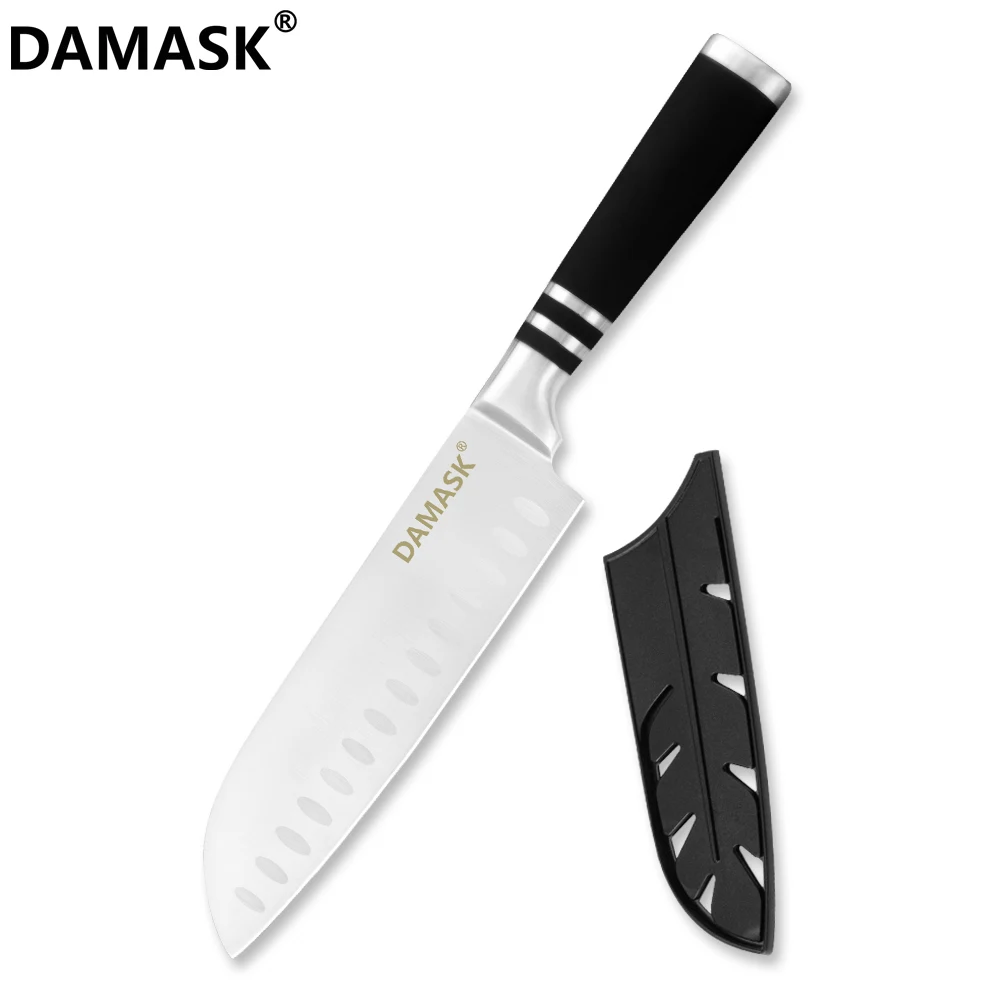 Damask 3Cr14 набор кухонных ножей из нержавеющей стали, Горячая, хорошее качество, 430 ручки, кухонные ножи с бесплатными сувенирные ножи, чехлы - Цвет: 7inch Santoku Knife