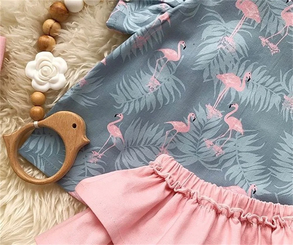 Комплект одежды для маленьких девочек от 0 до 24 месяцев, Футболка с рукавами-крылышками и фламинго топы, однотонные Розовые Мини-шорты, юбки с оборкой, летняя детская одежда