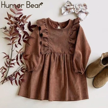 

Humor Bear Autumn Winter Toddler Girl Dress Long Sleeve Cotton Ruffles Princess Dress Kids Corduroy Pleated Fashion Kids Dress
