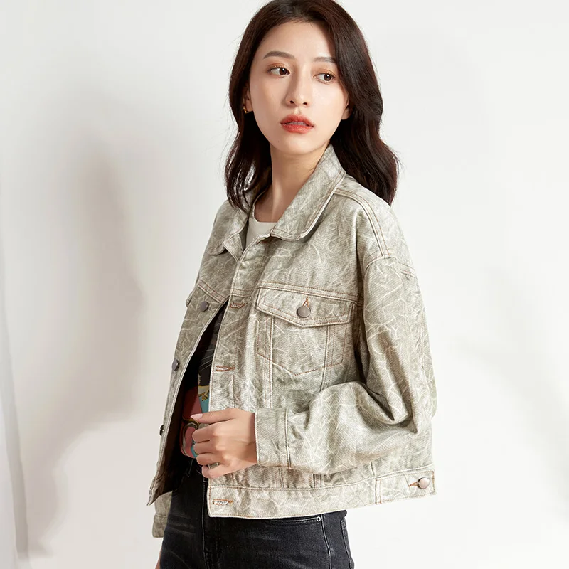 Женская короткая джинсовая куртка LEIJIJEANS модная свободная армейской расцветки с