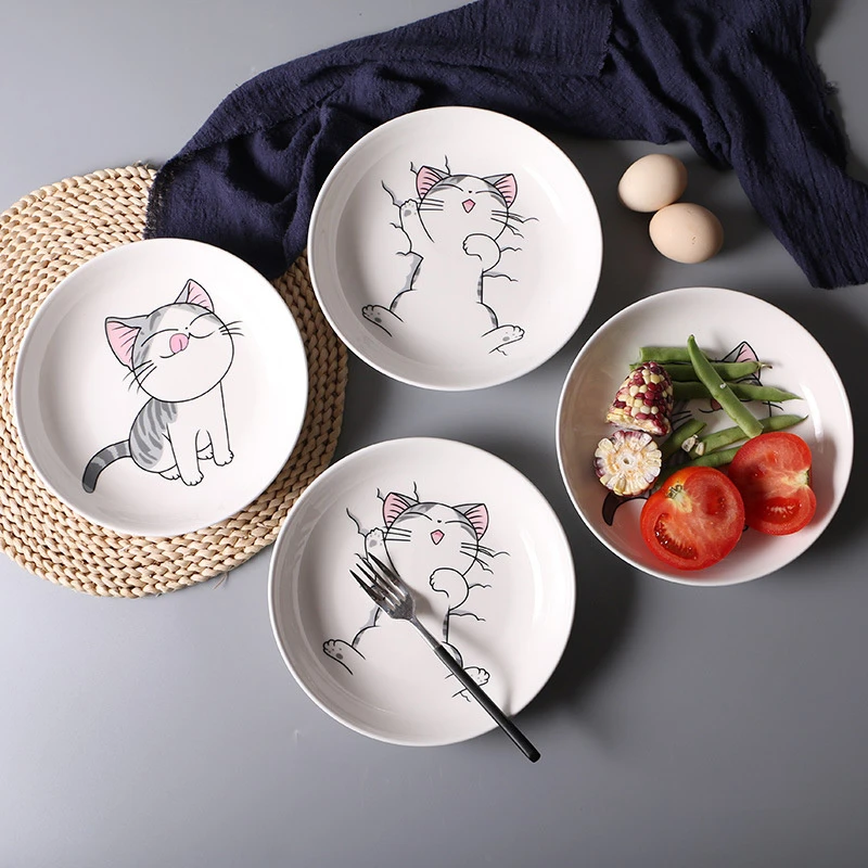 Plato de cerámica con dibujos de gatos para niños, vajilla de 2 piezas con  disco para fruta y carne, bandeja para desayuno y cena|Fuentes y platos| -  AliExpress