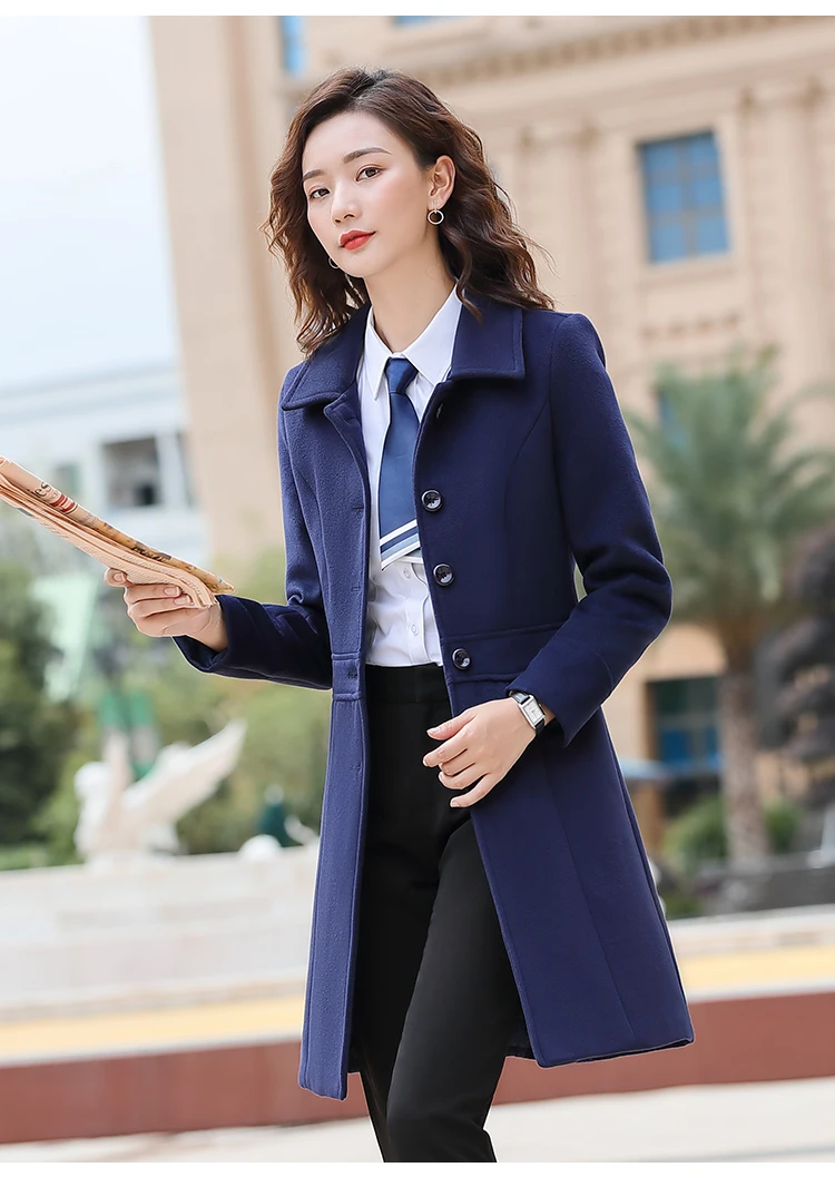 Зимнее длинное шерстяное пальто для женщин, плотное элегантное деловое пальто, плотное офисное женское официальное пальто, черное, синее шерстяное пальто, осень