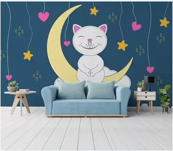 

Custom photo wallpaper for walls 3 d Simple hand-painted cartoon dreamy crescent moon star cat child room background wall papers