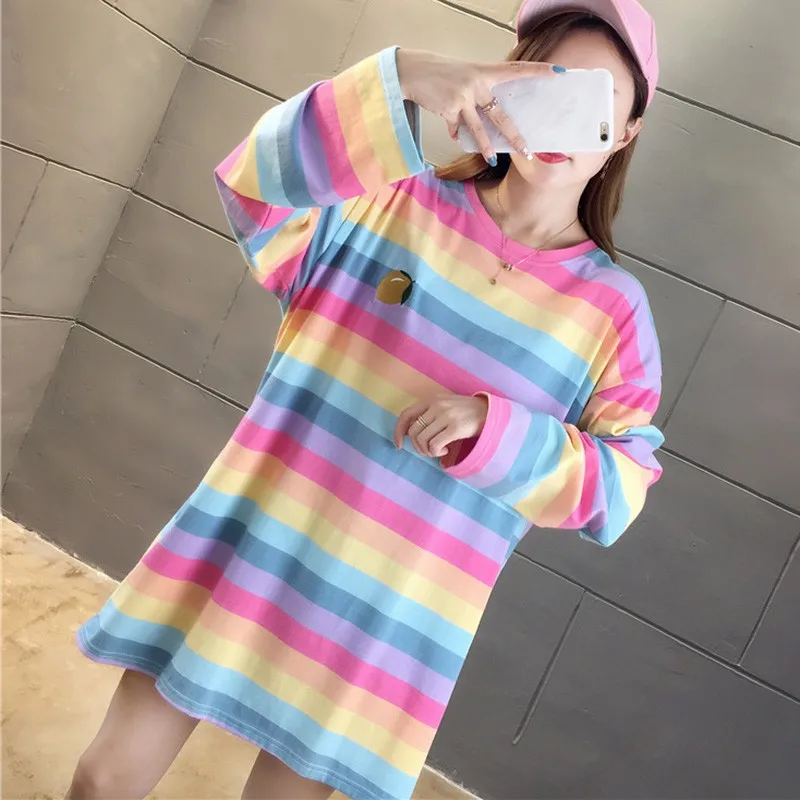 

Stripe T Shirts Women Medium-long Causal TShirt Thin O-neck Top Korean Streetwear Women Clothes