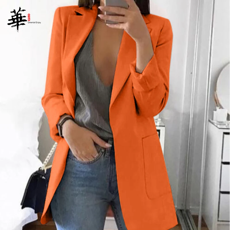 Orange Размера плюс 5XL минималистичный Для женщин элегантный кардиган пиджак с длинным рукавом OL для худого телосложения Повседневное тонком каблуке Дамская обувь верхняя одежда пиджаки для женщин - Цвет: Orange