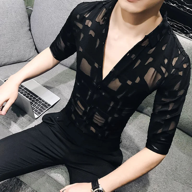 Асимметричная рубашка с геометрическим принтом, прозрачная рубашка для мужчин, Chemise Homme Marque, роскошная сетчатая прозрачная рубашка, летняя рубашка с короткими рукавами