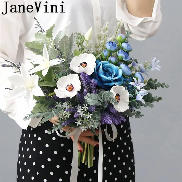 JaneVini Ramo De Novia синий свадебный букет Искусственные высушенные цветы винтажный белый Шелковый цветок свадебные букеты Роза Mariage